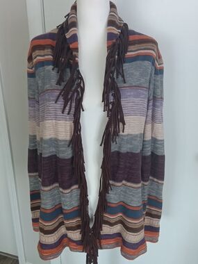 Striped Fringe Open-Front Women's Sweater Cardigan - Multi